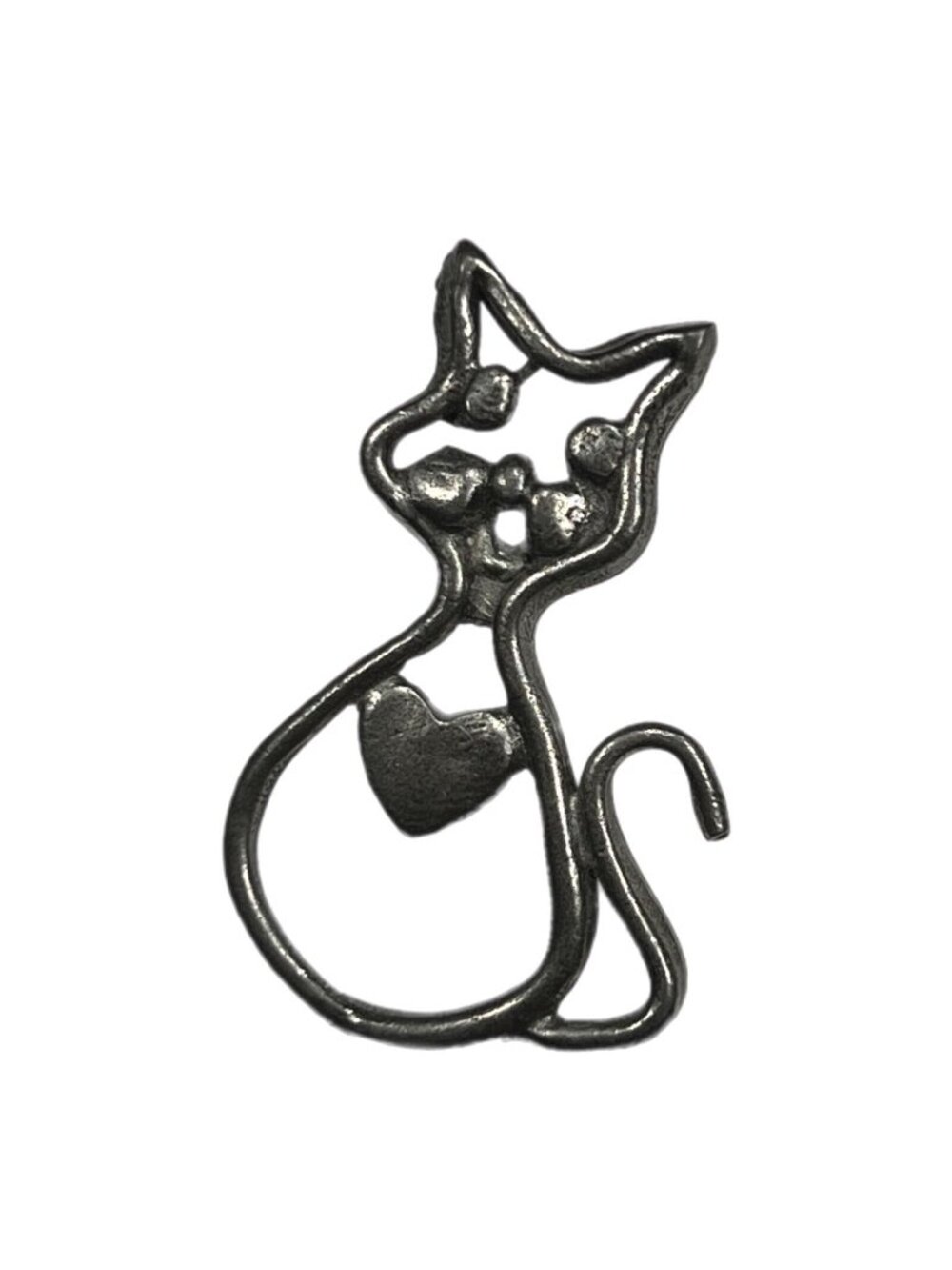 Vintage Abstract Outline Cat Heart Pewter Brooch Tack Pin Signed Modern
